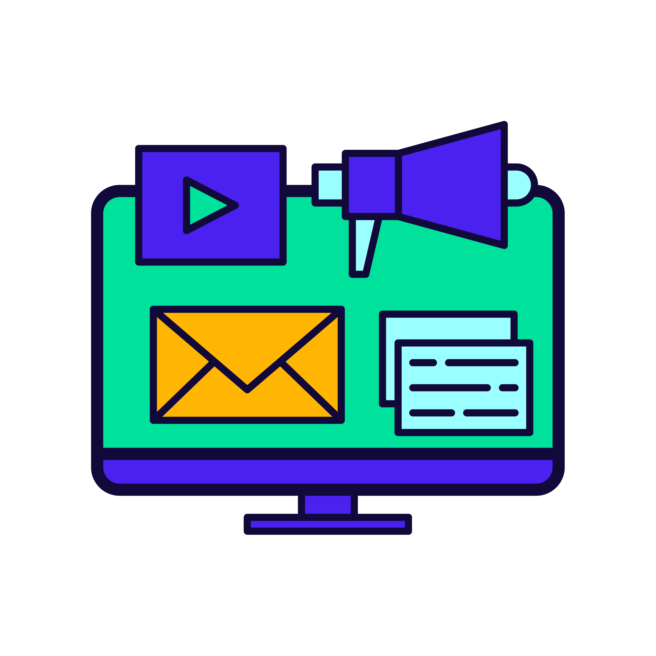 Monitor with assorted icons representing social sharing