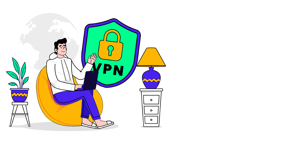 A cartoon man seated before a VPN sign, symbolizing best practices for cybersecurity in remote work environments.